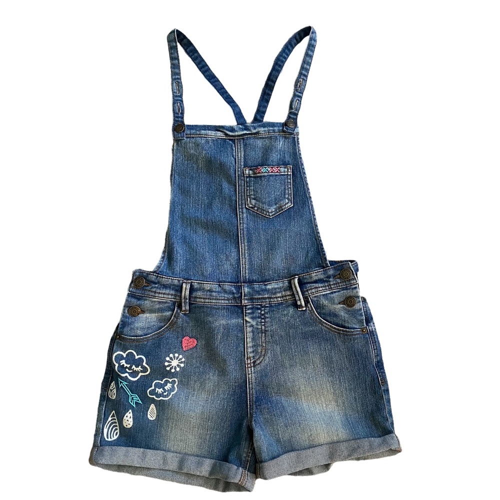 Cat & Jack NWT Denim Shorts Overalls with Rolled Cuff and Embroidery Details XL